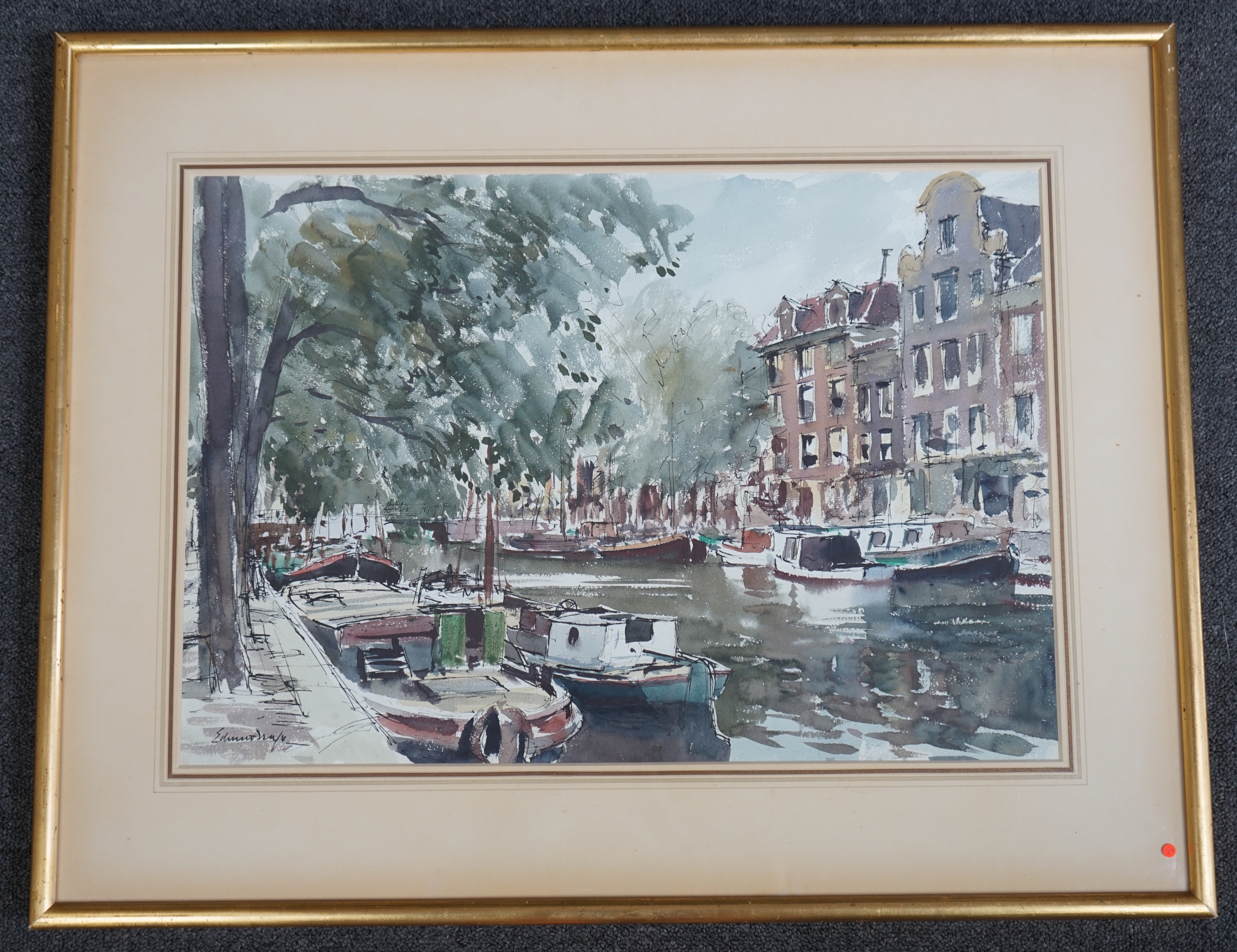 Edward Brian Seago RWS RBA (British, 1910-1974), Canal Scene, Amsterdam 1953, ink and watercolour, 37.5 x 54.5cm